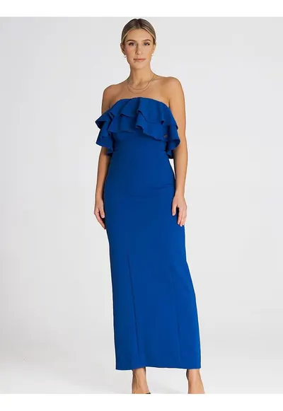Rochie maxi eleganta - volane duble - albastru - elastan - poliester - viscoza