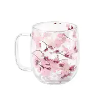 Cană cu inserție de flori uscate roz, hortensie și limonium, pereți dubli, sticlă borosilicată, 250 ml, Aurora Bloom