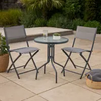 Set mobilier bistro pliabil cu masă rotundă și 2 scaune – cadru metalic și blat din sticlă securizată, gri