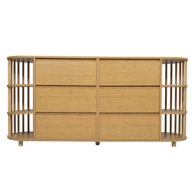 Comodă Sideboard, 6 sertare & rafturi deschise, design în stil roman cu coloane & rafturi din bambus, 160x40x75 cm, Culoare naturală
