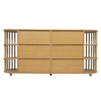 Comodă Sideboard, 6 sertare & rafturi deschise, design în stil roman cu coloane & rafturi din bambus, 160x40x75 cm, Culoare naturală