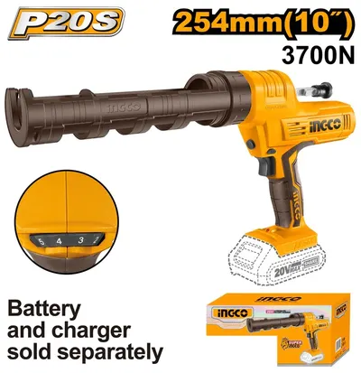 Pistol silicon INGCO CCGLI2001, 20V, Li-Ion, forta impingere 2000N, viteza aplicare 0.5-4.4mm/s, curent fara sarcina 0.35A, compatibil P20S