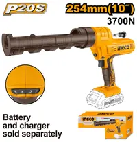 Pistol silicon INGCO CCGLI2001, 20V, Li-Ion, forta impingere 2000N, viteza aplicare 0.5-4.4mm/s, curent fara sarcina 0.35A, compatibil P20S