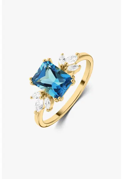 Inel placat cu aur de 14K decorat cu topaz si zirconia - Auriu/Albastru/Argintiu