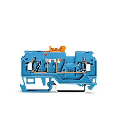 2-conductor disconnect/test terminal block; with pivoting knife disconnect; with test port; orange disconnect link; suitable for Ex i applications; for DIN-rail 35 x 15 and 35 x 7.5; 2.5 mm²; CAGE CLAMP®; 2,50 mm²; blue