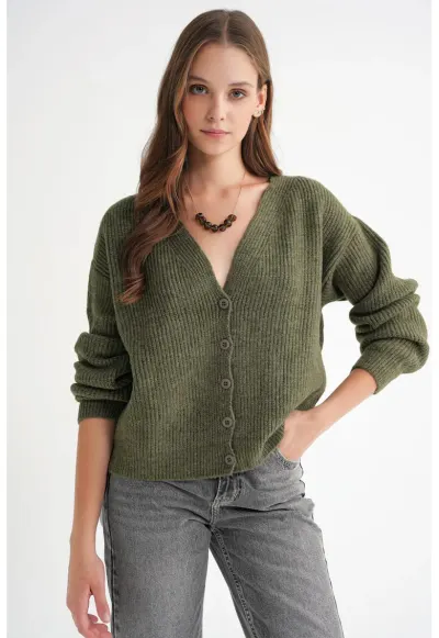 Cardigan - Decolteu in V - Tricot - Kaki