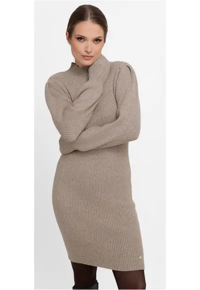 Rochie midi tricotata cu maneci lungi - guler inalt - G-Nesca - bej - Bej