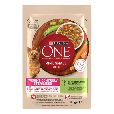 PURINA ONE MINI Weight Control/ Sterilised, curcan, morcovi si mazare, in sos, 85 g