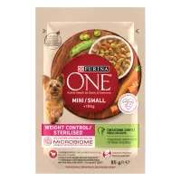 PURINA ONE MINI Weight Control/ Sterilised, curcan, morcovi si mazare, in sos, 85 g