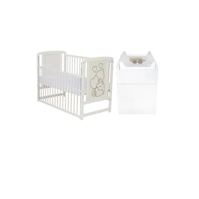 Set mobilier pentru copii, Qmini: Patut din lemn de pin cu roti, cu laterala culisanta si somiera reglabila in 3 trepte, Timmi Heart, 120x60 cm + Saltea cocos-burete-cocos, 10 cm + Comoda cu masuta de infasat, Alb