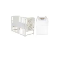 Set mobilier pentru copii, Qmini: Patut din lemn de pin cu roti, cu laterala culisanta si somiera reglabila in 3 trepte, Timmi Heart, 120x60 cm + Saltea cocos-burete-cocos, 10 cm + Comoda cu masuta de infasat, Alb