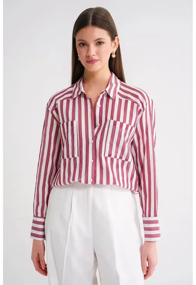 Camasa dama - camasa poplin cu dungi - rosu burgundi - bumbac