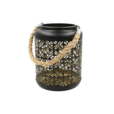 Felinar decorativ, din metal, cu model perforat floral și mâner din sfoară, 17 cm, Arti Casa