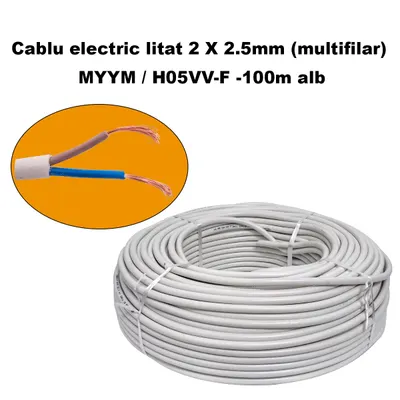 Cablu electric litat 2 X 2.5mm (multifilar) MYYM H05VV-F, Rola 100 metri, alb Engros