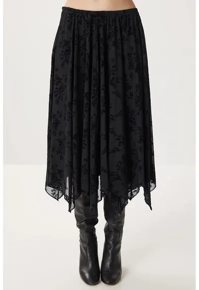 Fusta midi - Happiness Istanbul - imprimeu floral - tul - Negru
