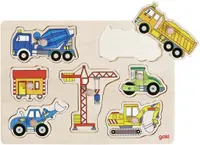 Puzzle din lemn cu manere Goki - Masini de constructii