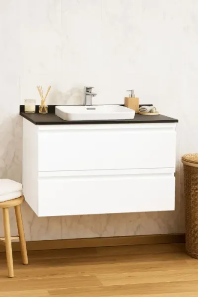 Set Baza front MDF si Lavoar seria 686, suspendata, cu sertare, montat, 80 cm, alb