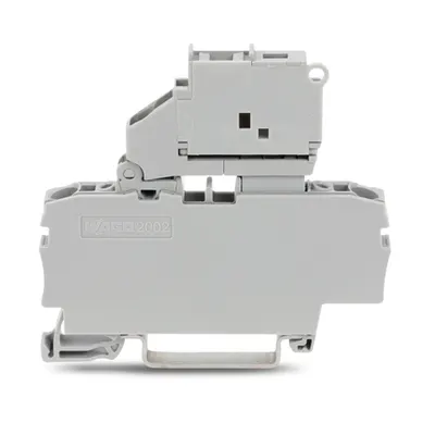 2-conductor fuse terminal block; with pivoting fuse holder; and end plate; for 5 x 20 mm miniature metric fuse; without blown fuse indication; for DIN-rail 35 x 15 and 35 x 7.5; 2.5 mm²; Push-in CAGE CLAMP®; 2,50 mm²; gray
