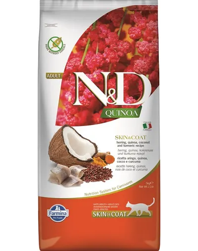 FARMINA N&amp;D Quinoa Adult Cat Skin&amp;Coat Hrana uscata pisici cu intoleranta alimentara, cu hering și cocos 5 kg
