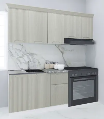 Set bucatarie SPACE 180 cm, 5 corpuri, blat termorezistent, fronturi MDF, crem