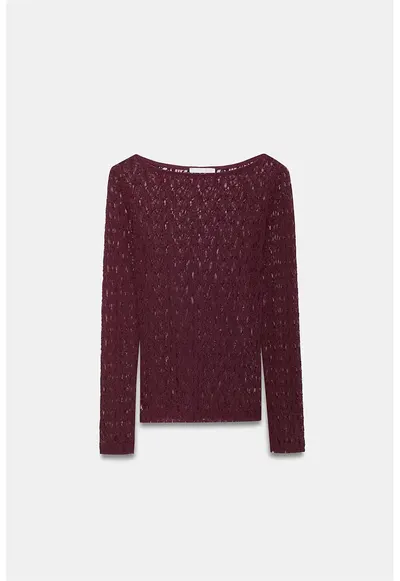 Bluza dama - Bluza Slim Fit cu guler barca si dantela - Rosu Burgundy - 92% poliamida - 8% elastan