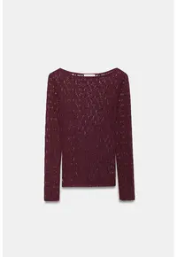 Bluza dama - Bluza Slim Fit cu guler barca si dantela - Rosu Burgundy - 92% poliamida - 8% elastan