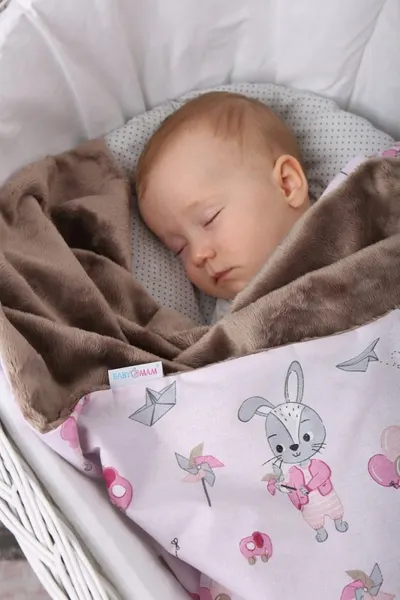 Paturica pentru copii BabyMam pink Rabbit, realizata cu doua fete din bumbac si din plus pufos, dimensiune 75 x 50 cm