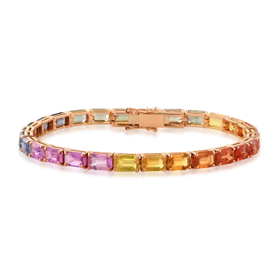 Bratara tennis din aur roz cu safire multicolore rectangulare de 18.85ct