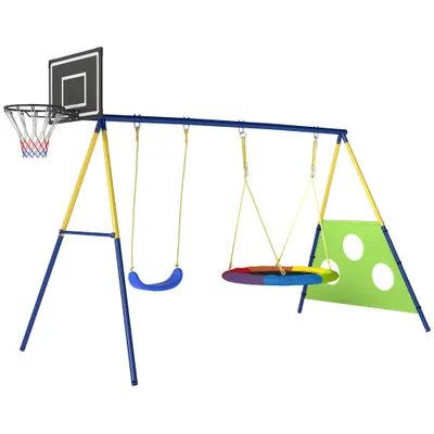 AIYAPLAY Set Leagăne de Grădină 4-în-1 pentru Copii cu Leagăne Duble, Coș de Baschet, Poartă de Fotbal, Cadru Metalic în Formă de A, Capacitate 150 kg, pentru Exterior, 3-8 Ani, 288x160x220 cm | Aosom Romania