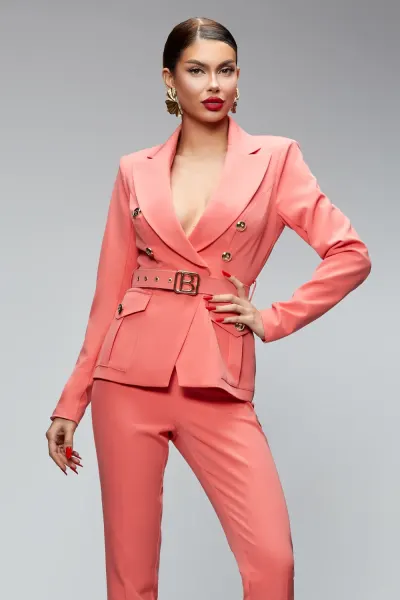 Compleu elegant somon din doua piese cu pantaloni conici cu talie inalta