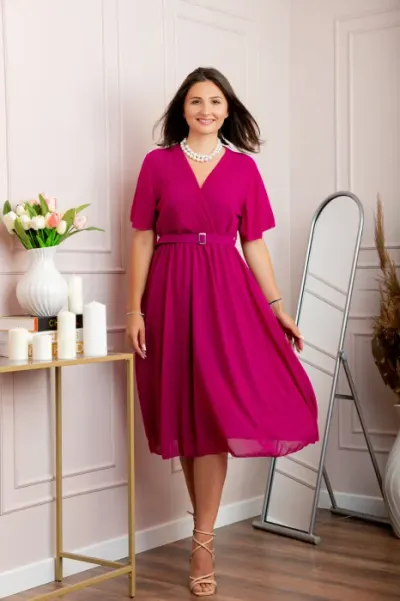 Rochie eleganta din voal Desiree cu decolteu in V si curea - Fuchsia