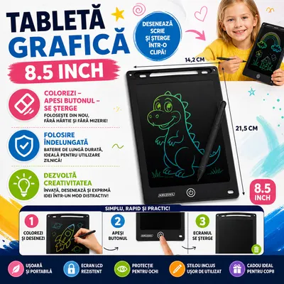 Tableta grafica de desenat pentru copii 8.5 diagonala, Drawing Tablet, Cu Buton De Stergere, Creion Inclus, Negru