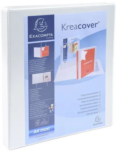 Mapa Kreacover - Exacompta, A4, cu 2 inele, 3 buzunare, 38 mm, alba