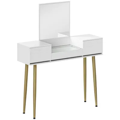 HOMCOM Masă de toaletă elegantă cu oglindă pătrată și sertare organizatoare 105,5x30x130,5 cm Alb și Auriu | Aosom Romania