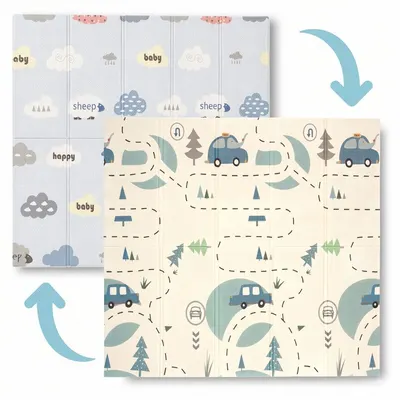 Covoras de joaca, Bocioland, Forest Road, Pliabil, Protectie impotriva loviturilor, Dimensiune mare, 180 x 150 cm, Cu Imprimeu pe ambele parti, Potrivit pentru utlizare atat in interior, cat si in exterior