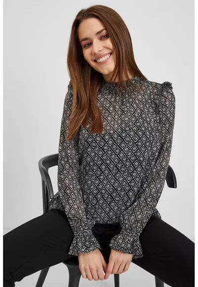 Bluza cu detalii cu volane si model - Alb/Negru