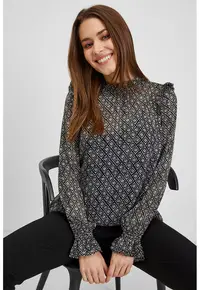 Bluza cu detalii cu volane si model - Alb/Negru