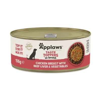 APPLAWS Taste Toppers, XS-XL, Pui și Ficat de Vită, conservă hrană umedă câini, (în supă), 156g