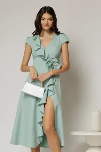 Rochie DY Fashion verde menta midi cu volanas pe fusta si detaliu amplu foral