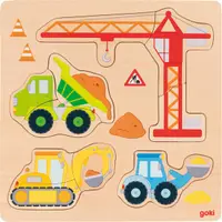 Puzzle din lemn pentru bebeluși Goki din 12 piese - Mașini de construcții