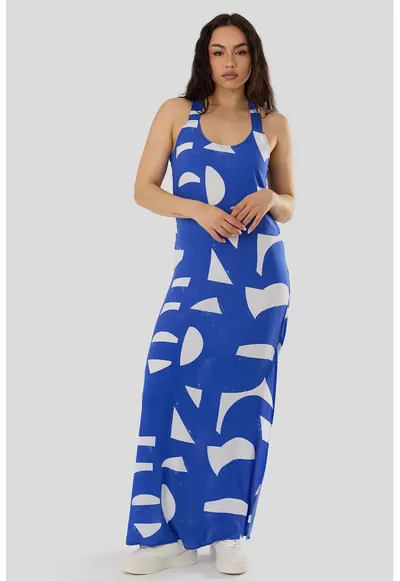 Rochie maxi cu slituri laterale Penelope - Alb/Albastru royal