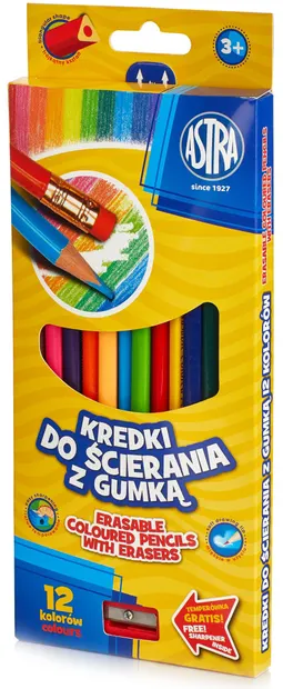 Creioane colorate cu radiera Astra - 12 bucati, cu ascutitoare