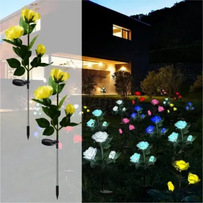 Set 2 Lampi Solare Decorative Tip Trandafiri Galbeni – Iluminare LED, Design Elegant și Funcționare Automată