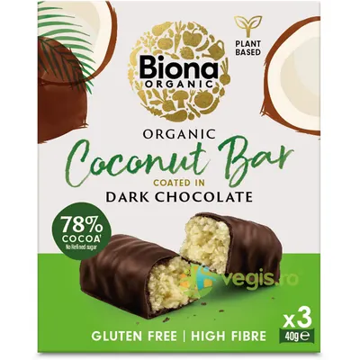 Baton cu Cocos Invelit in Ciocolata Neagra fara Gluten Ecologic/Bio 3x40g