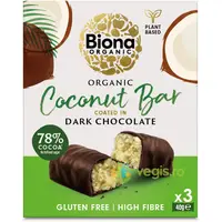 Baton cu Cocos Invelit in Ciocolata Neagra fara Gluten Ecologic/Bio 3x40g