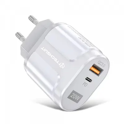 Incarcator Retea Techsuit Premium, 20W, 3A, 1 x USB-A - 1 x USB-C, Alb