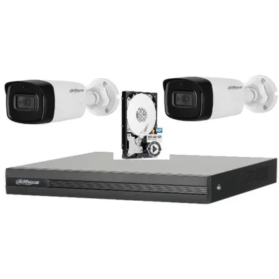 Sistem de supraveghere Dahua DH-2CEXT80MA-5MP_HDD HDCVI cu HDD si 2 camere de exterior de 5MP, 3.6mm, IR 80m, microfon