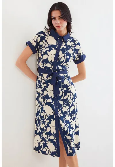 Rochie midi dama HiCCUP - imprimeu floral - viscoza - Bleumarin
