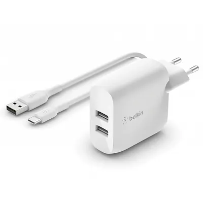 Incarcator Retea Cu Cablu USB-C Belkin BoostCharge Dual, 24W, 2.4A, 2 x USB-A, Alb WCE001vf1MWH