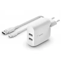 Incarcator Retea Cu Cablu USB-C Belkin BoostCharge Dual, 24W, 2.4A, 2 x USB-A, Alb WCE001vf1MWH